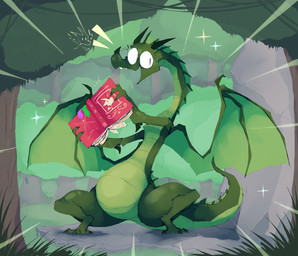 belly big_belly big_tail book claws detailed_background excited female feral forest green_body horn looking_at_viewer plant rock solo tail teeth toony tree wings yellow_teeth roksim european_mythology mythology dragon hybrid kobold mythological_creature mythological_scalie scalie western_dragon detailed hi_res