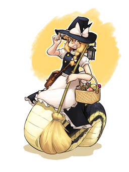 apode apron basket blonde_hair broom cleaning_tool clothed clothed_female clothing container female frilly frilly_clothing fungus hair hat headgear headwear lamp lantern legless looking_at_viewer mushroom picnic_basket serpentine simple_background smile solo split_form white_apron white_clothing witch_costume witch_hat yellow_eyes aronnecroman touhou marisa_kirisame colubrid draconcopode garter_snake lamia reptile scalie snake 3:4 hi_res