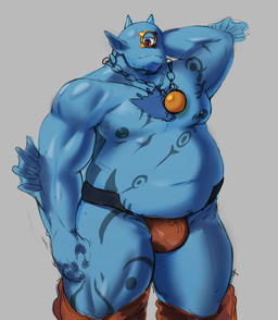 1_eye 2_horns belly blue_belly blue_body blue_ears blue_horn blue_skin clothed clothing horn humanoid_pointy_ears male musclegut muscular nipples pointy_ears simple_background solo artlamelt lifewonders tokyo_afterschool_summoners water_baron cyclops humanoid hi_res