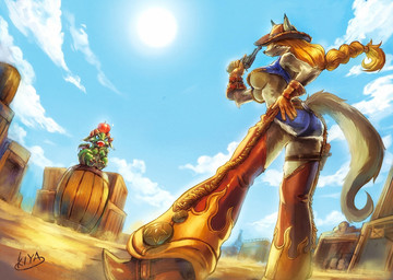 amber_eyes ambiguous_gender anthro apple barrel blue_eyes blue_sky bottomwear braided_hair breasts brown_body brown_fur butt claws clothed clothing cloud cowboy_hat crate denim denim_clothing detailed_background duo dutch_angle female food footwear fruit fur furgonomics gloves green_body green_scales gun hair handgun handwear hat headgear headwear holding_tail holster larger_female looking_down low-angle_view multicolored_body multicolored_fur open_mouth orange_hair outside pants plant pose ranged_weapon rear_view revolver scales shoes shorts size_difference skimpy sky smaller_ambiguous sun tail topwear two_tone_body two_tone_fur under_boob weapon wild_west worm's-eye_view kiya_(artist) mythology canid canine dragon mammal mythological_creature mythological_scalie scalie 2014
