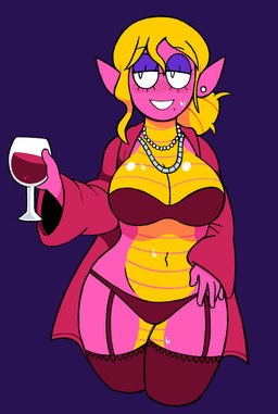 anthro bathrobe big_breasts blonde_hair blush blush_lines bodily_fluids bra breasts cleavage clothed clothing container cup drinking_glass ear_piercing eyelashes eyeshadow female front_view glass glass_container glass_cup hair holding_container holding_cup holding_drinking_glass holding_object holding_wine_glass jewelry lingerie makeup markings mole_(marking) mole_under_mouth navel necklace open_clothing panties piercing pink_bathrobe pink_body pink_clothing pink_robe pink_scales pointy_ears purple_background purple_eyeshadow red_bra red_clothing red_lingerie red_panties red_underwear robe scales simple_background smile solo sweat sweatdrop thick_thighs underwear wide_hips wine_glass yellow_body yellow_scales cam_(artist) scalie_schoolie sally_(scalie_schoolie) amphibian animal_humanoid humanoid lungless_salamander salamander scalie spring_salamander hi_res