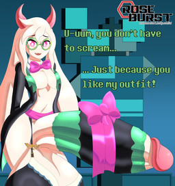2_horns accessory ball_bra balls big_balls big_bow big_ears big_glasses big_penis black_clothing black_suit black_tie_(suit) bow_accessory bow_ribbon clothed clothing cock_warmer delta_rune_(emblem) dialogue eyewear fangs femboy floppy_ears fur genitals glasses green_clothing green_text hair horn huge_balls huge_penis humanoid_genitalia humanoid_penis hyper hyper_balls hyper_genitalia hyper_penis looking_at_viewer male male_humanoid nipple_slip nipples open_mouth open_smile partially_clothed partially_clothed_humanoid partially_clothed_male penis penis_accessory penis_bow penis_clothing penis_ribbon pink_bow pink_clothing pink_eyes ribbon_on_penis ribbons round_glasses smile solo suit symbol talking_to_another teeth text thick_thighs white_body white_fur wide_hips roseburst_(artist) deltarune undertale undertale_(series) ralsei animal_humanoid bovid bovid_humanoid caprine caprine_humanoid darkner goat_humanoid humanoid mammal mammal_humanoid absurd_res english_text hi_res signature