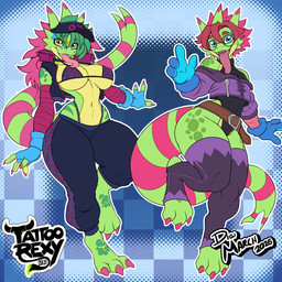 anthro anthrofied belt bikini bikini_top bottomwear breasts clothing duo eyewear female femboy glasses gloves handwear hat headgear headwear legwear leotard long_tongue male navel pants stockings swimwear thong_straps tongue two-piece_swimsuit visor_cap tattoorexy bandai_namco digimon digimon_(species) gekkomon scalie 2026