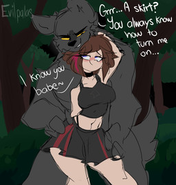 anthro bottomwear clothing dialogue duo female female_human forest interspecies larger_male male male/female muscular muscular_male plant size_difference skirt text tree wide_hips evilpala mythology canid canine canis human humanoid mammal mythological_canine mythological_creature werecanid werecanine werecreature werewolf wolf english_text hi_res