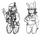 anthro armor big_breasts breasts clothed clothing electronics female gloves gun hair handwear headgear headphones headset helmet military military_helmet military_jacket military_pants military_uniform ranged_weapon solo uniform weapon coalcat elinor_wonders_why pbs ranger_rabbit lagomorph leporid mammal rabbit monochrome