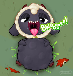 abdominal_bulge ambiguous_gender anthro burp_fetish burping clothing grass holding_belly hooves horn looking_at_viewer looking_pleasured lying mouth_shot on_back open_mouth plant sharp_teeth solo sound_effects teeth tongue tongue_out torn_clothing vore pincoosh cult_of_the_lamb massive_monster_(studio) lamb_(cult_of_the_lamb) digital_media_(artwork) hi_res signature