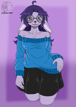 anthro black_nose clothing colored_nails eyewear female fur glasses hair nails purple_body purple_eyes purple_fur purple_hair purple_nails solo allartskye lagomorph leporid mammal rabbit hi_res