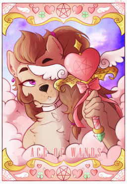 ace_of_wands_(tarot) anthro black_nose border breasts brown_body brown_fur brown_hair card cloud clover_(plant) clover_leaf collar countershade_face countershade_fur countershade_torso countershading ear_piercing eyebrows eyelashes female four_leaf_clover fur hair heart_symbol leaf long_hair magic_wand occult_symbol one_eye_obstructed pentacle piercing pink_inner_ear plant purple_eyes solo symbol tarot tarot_card white_border white_collar spider_bones mammal 2025 digital_media_(artwork) hi_res shaded
