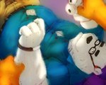 anthro black_nose bottomwear brown_body brown_fur clothing duo eyewear fur glasses humanoid_hands kemono lying male overweight overweight_male pants shirt solo_focus topwear white_body white_fur laohu bear mammal polar_bear ursine 2021 5:4 hi_res