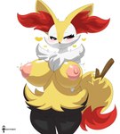 anthro areola big_breasts black_body black_fur blush breasts dipstick_tail female fur heart_symbol huge_breasts markings nipples pink_areola pink_nipples red_eyes solo stick_in_tail tail tail_markings white_body white_fur yellow_body yellow_fur mistpirit nintendo pokemon braixen generation_6_pokemon pokemon_(species) 2023 absurd_res hi_res