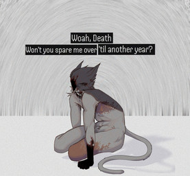 amputee anthro disability female fur missing_eye nude oozing scar simple_background solo text white_body white_fur camotinhio misha_the_nurse domestic_cat felid feline felis mammal absurd_res adversarial_noise english_text hi_res