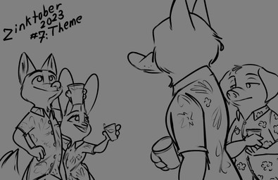 aloha_shirt anthro beverage clothing container cup female gesture group hand_gesture holding_container holding_cup holding_object male open_mouth pattern_clothing pattern_shirt pattern_topwear pointing pointing_at_another shirt simple_background smile text topwear conditional_dnp tangerine_(artist) disney inktober zootopia judy_hopps nick_wilde canid canine canis domestic_pig fox lagomorph leporid mammal rabbit red_fox suid suine sus_(pig) true_fox wolf 2023 digital_drawing_(artwork) digital_media_(artwork) english_text hi_res monochrome