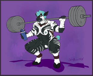 anthro barbell barbell_squats border bottle breasts container crouching exercise female genitals looking_at_viewer muscular muscular_anthro muscular_female nipple_piercing nipples nude pecs piercing purple_border small_breasts solo squats vulva water_bottle weightlifting workout mainlinemojo ode_(mil-the-windmill) bovid caprine giraffid mammal okapi 2018 absurd_res hi_res