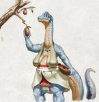 anthro blue_body blue_scales breasts clothed clothing elderly elderly_female female food front_view fruit green_clothing green_topwear jewelry mature_female mouth_closed necklace plant red_clothing sagging_breasts scales simple_background solo standing tan_body tan_scales topwear white_clothing upai breana_(upai) dinosaur prehistoric_species reptile scalie full-length_portrait hi_res portrait three-quarter_portrait