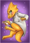 anthro blush bodily_fluids brown_eyes clothing coat eyewear female food genitals glasses instant_noodles lab_coat noodles pussy simple_background solo sweat tail teeth topwear pon3splash cup_noodles undertale undertale_(series) alphys dinosaur lizard prehistoric_species reptile scalie 2015 hi_res