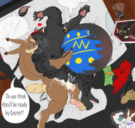 anal anal_penetration anthro bareback bed bedroom belly big_belly black_body black_fur bodily_fluids brown_body brown_fur clothed clothing cum cum_drip cum_in_ass cum_inflation cum_inside cum_on_penis cumshot delivery_(commerce) delivery_employee dialogue doggystyle dripping duo easter_egg ejaculation from_behind_position fur furniture genital_fluids genitals hat headgear headwear holidays huge_belly hyper hyper_belly hyper_pregnancy impregnation inflation lactating lube lube_bottle male male/male male_lactation male_penetrated male_penetrating male_penetrating_anthro male_penetrating_male markings messy muscular muscular_anthro muscular_arms muscular_male muscular_thighs ovum pec_grab pecs penetration penis pregnant pregnant_anthro pregnant_male sex sperm_cell spots spotted_body spotted_fur tendrils tentacles text torn_clothing uniform vein veiny_muscles drazenvayne dungeons_and_dragons easter hasbro wizards_of_the_coast mocha_latte_love vayne_drazen displacer_beast lagomorph leporid mammal rabbit comic english_text hi_res