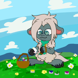 anthro basket bleet brush chibi container easter_egg eyewear female flower fluffy fur glasses green_eyes holidays male meadow paintbrush painting_(action) plant solo spring toony wool_(fur) nyale0102 easter bovid caprine mammal sheep 1:1 animated colorful_theme digital_media_(artwork) hi_res