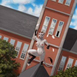 5_fingers action_pose amazing_background anthro areola big_breasts biped black_body black_fur black_horn black_markings black_tail blue_sky breasts building cloud cloven_hooves curved_horn day detailed_background eye_markings fangs female fingers front_view fur fur_tuft genitals gloves_(marking) grey_body grey_fur grey_hooves grey_tail happy hooves horn humanoid_hands inner_ear_fluff jumping leaf leg_markings lips markings midair multicolored_body multicolored_fur navel nipples no_sclera nude open_mouth open_smile outdoor_nudity outside paper perspective pink_nipples pink_nose plant pose public public_nudity raised_arm red_eyes reflection shadow short_fur sky smile snout socks_(marking) solo streaking tail tail_tuft teeth thin_tail tree tuft two_tone_body two_tone_fur two_tone_tail vulva window notdonebaking cougar felid feline hybrid mammal 1:1 absurd_res detailed digital_media_(artwork) hi_res shaded signature soft_shading