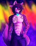 2012 anthro aurora_(phenomenon) bottomwear canid canine canis clothed clothing collar english_text falvie feathers male mammal nodin pants solo standing tail tattoo text topless wolf