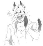 alternate_species anthro clothed clothing domestic_cat drawfee drawfee_(copyright) eyewear fangs felid feline felis furrification glasses gloves_(marking) hi_res hoodie hot_guy_p.i. karina_farek male mammal markings monochrome nando_(hot_guy_p.i.) open_mouth prick_ears shirt solo tail teeth topwear whiskers yawn