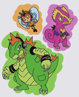 alternate_species ambiguous_gender chain chain_necklace claws electronics gold_(metal) gold_jewelry gold_necklace group headphones jewelry necklace stick_calves stick_legs stick_thighs thin_calves thin_legs thin_thighs itoruna nintendo pokemon sega sonic_the_hedgehog_(series) charmy_bee espio_the_chameleon vector_the_crocodile arthropod crocodilian feraligatr generation_2_pokemon generation_3_pokemon generation_7_pokemon insect kecleon pokemon_(species) reptile ribombee scalie 2018 absurd_res crossover digital_media_(artwork) hi_res
