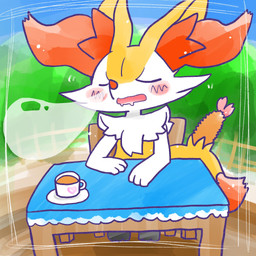 ambiguous_anthro ambiguous_gender anthro beverage biped bodily_fluids chair container cup detailed_background dipstick_tail drooling eyes_closed food front_view furniture heart_symbol markings mug object_in_tail on_chair open_mouth outside saliva shrimp_(food) sitting sitting_on_chair sleep_bubble sleeping snout solo table tail tail_markings annyui0611 nintendo pokemon braixen canid generation_6_pokemon mammal pokemon_(species) 1:1 2024 digital_drawing_(artwork) digital_media_(artwork) hi_res japanese_description translated_description