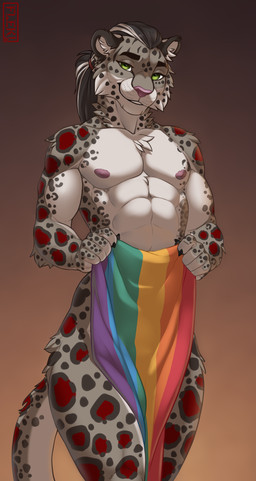 abs anthro covering covering_crotch flag hair lgbt_pride long_hair looking_at_viewer male nude ponytail pride_colors rainbow_flag rainbow_pride_flag rainbow_symbol solo fleki umbrose felid mammal pantherine snow_leopard absurd_res hi_res