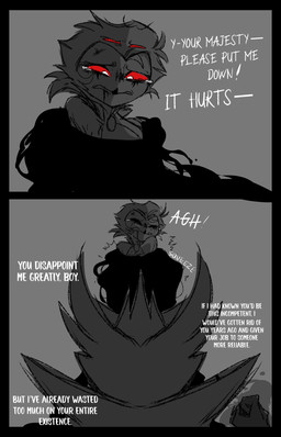 abuse adolescent anthro bodily_fluids child_abuse clothing crown crying dialogue duo formal_clothing formal_wear grey_background hair headgear male red_eyes simple_background tears text tied_hair torture white_text young teathekook hellaverse helluva_boss paimon_(helluva_boss) stolas_(helluva_boss) avian bird owl owl_demon hi_res father_(lore) father_and_child_(lore) father_and_son_(lore) parent_(lore) parent_and_child_(lore) parent_and_son_(lore) son_(lore)