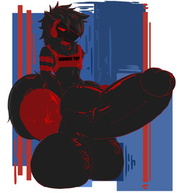 anthro balls big_balls big_penis black_body black_fur bottomless clothed clothing crouching fur genitals glans harness huge_balls huge_penis humanoid_genitalia humanoid_penis hyper hyper_balls hyper_genitalia hyper_penis legwear machine male outline penis red_outline service_top solo spread_legs spreading thigh_highs vein veiny_balls veiny_penis kel_lil alyx_(alyxtheprotogen) protogen hi_res
