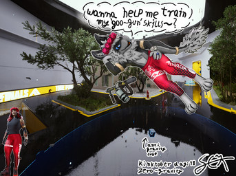 ambiguous_gender anthro blue_eyes bottomwear bracelet clothing explosives female flirting flirting_with_viewer floating goo_gun grey_body jewelry pants red_clothing ring_(jewelry) solo tight_bottomwear tight_clothing tight_pants sekvil kinktober kinktober_2025 the_finals the_nature_of_predators sek_(sekvil) venlil_(the_nature_of_predators) hi_res