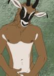 anthro barely_visible_genitalia barely_visible_penis bedroom_eyes biped black_body black_fur black_horn black_markings black_nose brown_body brown_fur brown_nipples collarbone covering covering_crotch covering_self eyebrows facial_markings flaccid front_view fur genitals green_eyes grey_background half-closed_eyes hands_on_crotch head_markings head_tilt horn light looking_at_viewer male markings multicolored_body multicolored_fur muzzle_(marking) narrowed_eyes navel nipples nude pecs penis penis_base seductive shadow simple_background snout snout_markings solo standing white_body white_fur white_markings white_penis noet antelope bovid grazing_antelope mammal roan_antelope 2012 digital_drawing_(artwork) digital_media_(artwork) half-length_portrait lighting portrait