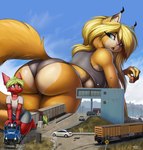 2024 absurd_res anthro big_butt breasts butt car clothed clothing conrail digital_media_(artwork) digital_painting_(artwork) duo eye_contact felid feline female fur fur_markings hi_res holding_object holding_vehicle hybrid light_truck lightly-san lightly_breeze_(pony-way) looking_at_another looking_back lynx macro male mammal markings motor_vehicle multilevel_macro pickup_truck short_top sitting_on_vehicle size_difference train truck_(vehicle) under_boob vehicle
