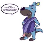 anthro balls big_penis bodily_fluids bottomless clothed clothing flaccid genital_fluids genitals humanoid_genitalia humanoid_penis male penis precum scar solo stubble text daxhush animal_crossing nintendo walt_(animal_crossing) kangaroo macropod mammal marsupial english_text low_res