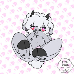 anthro blush bodily_fluids covering covering_face embarrassed feet fluffy foot_fetish foot_focus fur genital_fluids genitals grey_body grey_fur hair hoof_fetish hooves horn long_hair looking_aside lying male on_back penis pink_eyes precum shy solo white_hair mun-shipu bovid caprine mammal sheep 1:1 hi_res