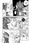 blush bodily_fluids comic digital_media_(artwork) duo felid female feral floatzel generation_4_pokemon greyscale licking luxray male mammal mikaduki_karasu monochrome nintendo plant pokemon pokemon_(species) rozelyn_the_floatzel_(mischievous-skunk) slap tears tongue tongue_out tree wood