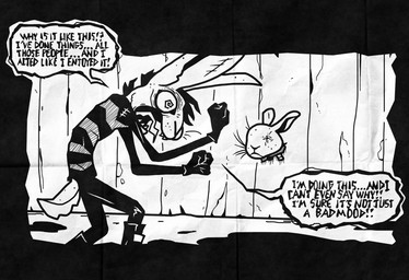 alternate_species alternative_fashion ambiguous_gender anthro corpse dialogue furrification goth severed_body_part severed_head solo speech_bubble spiral spiral_eyes tail teeth text tongue satanfemme johnny_the_homicidal_maniac johnny_c. nail_bunny hare lagomorph leporid mammal 2023 comic digital_media_(artwork) english_text hi_res monochrome