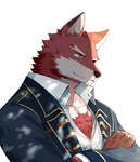 anthro body_hair chest_hair chest_tuft clothing fur male mature_male muscular muscular_anthro muscular_male red_body red_fur solo teacher tuft uniform dxmdwq764027 knights_college diederich_olsen canid canine mammal hi_res