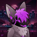 1:1 anthro blush blush_lines femboy fluffy fur grey_body grey_fur hair hi_res kilogen looking_at_viewer machine male matrix_(kilogen) piercing portrait protogen protogen_visor purple_hair retro smile solo synthwave