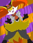 2020 3:4 ambiguous_gender anthro arm_tuft big_ears biped black_body black_ears black_fur black_tail braixen canid chest_tuft clothing costume digital_media_(artwork) dipstick_tail eiroru fluffy fluffy_tail front_view fur generation_6_pokemon generation_8_pokemon head_tilt hi_res hip_tuft inner_ear_fluff long_tail looking_at_viewer mammal markings mask multicolored_body multicolored_fur multicolored_tail nickit nintendo open_mouth open_smile orange_background orange_body orange_fur orange_tail pink_tongue pokemon pokemon_(species) portrait purple_background raised_arm red_eyes scarf scary semi-anthro shoulder_tuft simple_background smile solo spread_legs spreading standing tail tail_markings three-quarter_portrait tongue tuft two_tone_tail white_body white_fur wide_hips