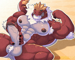 abs anthro anthrofied balls barazoku biceps big_balls big_muscles big_pecs big_penis erection flexing flexing_bicep fur genitals hand_on_penis huge_pecs humanoid_genitalia humanoid_penis looking_at_viewer lying male muscular muscular_anthro muscular_male neck_tuft nipples nude on_back open_mouth pecs penis pubes red_body red_scales scales simple_background solo tail tuft vein white_armpit_hair white_body white_fur white_pubes ougon nintendo pokemon dinosaur fossil_pokemon generation_6_pokemon pokemon_(species) prehistoric_species reptile scalie tyrantrum digital_media_(artwork) hi_res
