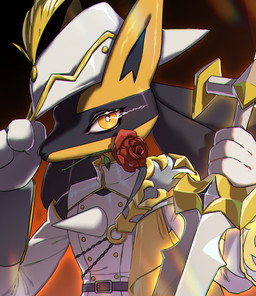 abstract_background adjusting_hat anthro clothed clothing eye_mist flower flower_in_mouth front_view glowing_sword hat hat_feather headgear headwear holding_melee_weapon holding_object holding_sword holding_weapon looking_at_viewer loose_feather male male_anthro melee_weapon military_uniform plant red_rose rose_(flower) rose_in_mouth shoulder_cape solo sword tipping_hat uniform warrior weapon white_clothing yellow_eyes zdx nintendo pokemon fan_character canid canine generation_4_pokemon lucario mammal pokemon_(species) shiny_pokemon 2025 absurd_res half-length_portrait hi_res icon portrait