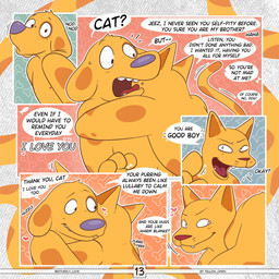 4_fingers anthro blush blush_lines bodily_fluids bone breath brown_body brown_fur cat_tail close-up comic_panel dialogue duo eyes_closed fangs fingers floppy_ears fur hair happy heart_symbol hug hugging_another looking_at_another love male male/male markings navel nipples nude onomatopoeia open_mouth orange_body outline panting pattern_background purring red_nose simple_background smile sound_effects speech_bubble spots spotted_body spotted_fur sweat sweatdrop tail teeth text tongue whiskers white_outline yellow_body yellow_omen catdog_(series) nickelodeon caninius_dog felinius_cat animal_humanoid canid canine canis cat_humanoid domestic_cat domestic_dog felid felid_humanoid feline feline_humanoid felis fish humanoid hybrid mammal mammal_humanoid marine 1:1 2025 artist_name colored comic digital_drawing_(artwork) digital_media_(artwork) english_description english_text hi_res multiple_scenes brother_(lore) brothers_(lore) incest_(lore) sibling_(lore)