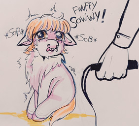 ambiguous_feral ambiguous_gender baby_talk bodily_fluids clothed clothed_human clothing crying dialogue duo ears_down feral fur hair holding_object holding_whip hooves imminent_violence misleading_thumbnail neck_tuft open_mouth orange_eyes orange_hair orange_tail pink_body pink_fur pivoted_ears scared snot solo_focus tail tears text tuft whip young young_ambiguous young_feral demonfluffbell fluffy_pony fluffy_pony_(species) human mammal 2026 english_text hi_res marker_(artwork) traditional_media_(artwork)
