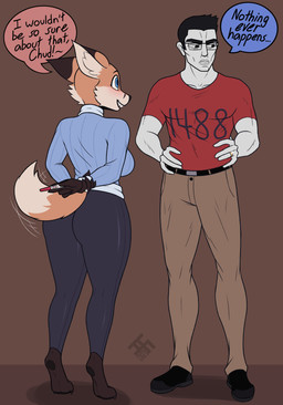 barefoot belt black_belt black_bottomwear black_clothing black_eyebrows black_eyes black_footwear black_hair black_nose black_pants black_shoes blue_clothing blue_eyes blue_sweater blue_topwear blush bottomwear breasts brown_body brown_bottomwear brown_clothing brown_fur brown_pants butt cheek_tuft clothing countershading digit_ring dipstick_ears dipstick_tail ear_markings eyebrows eyewear facial_tuft feet footwear frown fur glasses hair hands_on_hips jewelry lips long_tail markings mouth_closed multicolored_body multicolored_ears multicolored_fur orange_body orange_fur pants pregnancy_test pupils rear_view red_clothing red_shirt red_topwear ring shirt size_difference standing sweater tail tail_markings tail_motion tailwag tan_body tan_countershading tan_fur teeth teeth_showing text thick_eyebrows thick_tail tiptoes topwear tuft wedding_ring white_body white_skin rykard_(artist) 4chan nothing_ever_happens chudjak canid canine fox human mammal absurd_res english_text hi_res meme watermark