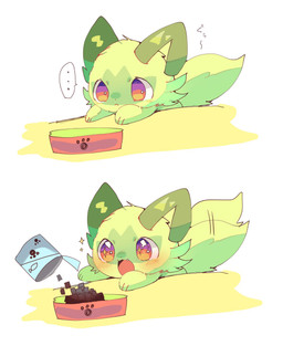 ambiguous_gender blush blush_lines bowl cheek_tuft container facial_tuft feral fur green_body green_fur green_tail happy multicolored_eyes nude open_mouth pet_bowl pet_food simple_background solo speech_bubble tail tail_motion tailwag tuft white_background yupo_0322 nintendo pokemon generation_9_pokemon pokemon_(species) sprigatito colored colored_sketch digital_drawing_(artwork) digital_media_(artwork) hi_res shaded sketch