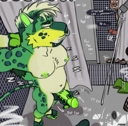 anthro armpit_hair bathing body_hair clothing cruising duo erection facial_piercing flip_flops footwear footwear_only fur genitals glans green_body green_fur green_nipples green_penis humanoid_genitalia humanoid_penis inside male masturbation mostly_nude nipple_piercing nipples nose_piercing nose_ring penile penile_masturbation penis penis_grab piercing pubes public public_nudity public_shower ring_piercing sandals sandals_only shoes shower showering solo_focus text water jerro cheetah felid feline mammal absurd_res english_text hi_res