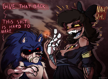4_hands angry anthro arm_tattoo armband bare_shoulders big_breasts black_body black_clothing black_dress black_eyeshadow black_hair black_sclera blood blood_from_eye blood_from_mouth blood_in_mouth blood_on_hand blue_body blue_fur blush bodily_fluids bow_ribbon breasts brown_body brown_skin clothing corpse corset crossover_ship dialogue directional_arrow disguise dress drugs duo earless ellipsis evil_face evil_grin eyeshadow fangs female female_humanoid freckled_breasts freckled_face freckled_shoulders freckles frown fur furrowed_eyebrows gloves glowing glowing_eyes grey_body grey_tongue hair handwear lines_on_body lingerie makeup male male_anthro marijuana metal metallic_body multi_hand nightmare_fuel noseless number open_mouth open_smile red_eyes red_text scar scars_all_over screen screen_face seam_(sewing) segmented_body sharp_teeth simple_background skinsuit smile smoke smoke_from_mouth smoking smoking_marijuana smug smug_face smug_grin speech_bubble stitch_(sewing) surgical_suture tattoo teeth text thick_thighs tight_clothing tongue topwear unusual_anatomy upset white_body wide_hips x_eyes yellow_armband yellow_eyes yellow_teeth yellow_text diddlydooter1 glitch_productions murder_drones sega sonic.exe_(creepypasta) sonic_the_hedgehog_(series) cyn_(murder_drones) sonic.exe tessa_(murder_drones) eulipotyphlan hedgehog humanoid mammal artist_name crossover digital_drawing_(artwork) digital_media_(artwork) hi_res signature