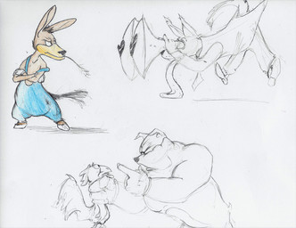 5_fingers anthro avian_caruncle beak blue_clothing blue_coveralls bottomwear brown_body brown_fur brown_hair clothed clothed_anthro clothing coveralls crossed_arms dewlap_(anatomy) eye_contact fingers footwear front_view fully_clothed fully_clothed_anthro fur furrowed_eyebrows gloves grey_background group hair handwear hay_in_mouth head_turned holding_another holding_by_neck hooves long_ears looking_aside looking_at_another male midair necktie open_beak open_mouth pants shoes side_view simple_background tail tongue tongue_out toony topwear unguligrade wattle white_clothing white_gloves white_handwear deriaz asinus avian bird bulldog canid canine canis chicken domestic_dog donkey equid equine felid galliform mammal mastiff molosser phasianid 2013 colored full-length_portrait graphite_(artwork) portrait sketch traditional_media_(artwork)
