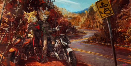 anthro antlers biped black_bodysuit black_clothing black_nose black_skinsuit blonde_hair blue_eyes bodysuit clothed clothing duo female female_anthro front_view green_eyes grin hair horn male male_anthro motorcycle narrowed_eyes orange_hair outside short_hair sign skinsuit smile standing tight_clothing vehicle white_antlers oselotti deer felid feline lynx mammal absurd_res hi_res signature