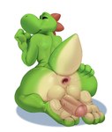 3_toes anthro anus balls big_balls big_penis bodily_fluids butt cum cum_on_feet erection eyes_closed feet foreskin gaping gaping_anus genital_fluids genitals green_body green_scales kneeling leaking_cum male nude penis precum raised_tail rear_view scales smile solo spread_butt spreading tail tan_body tan_scales toes freakdan1el mario_bros nintendo green_yoshi yoshi hi_res